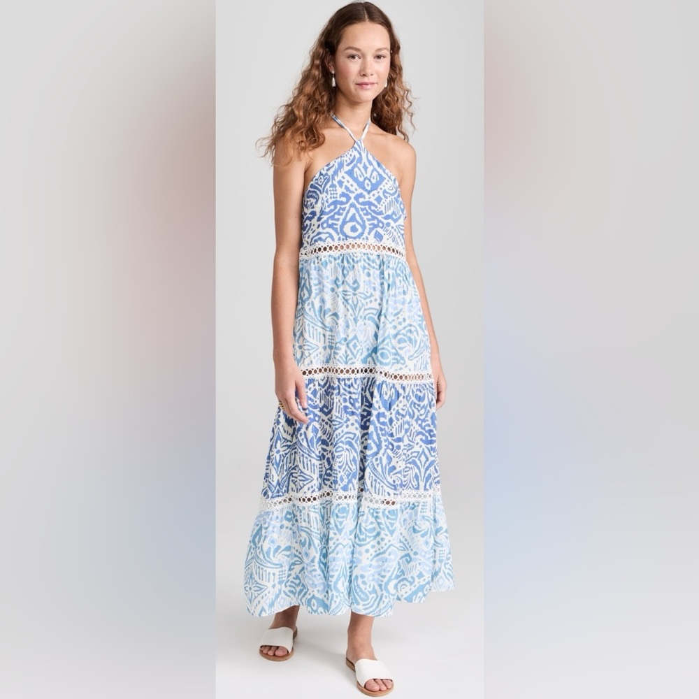 Palmacea Capela Blue & White Halter Tiered Maxi Dress Size M NWT